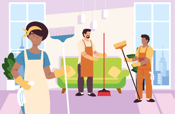 woman and men in cleaning service at windows - Vector, Image