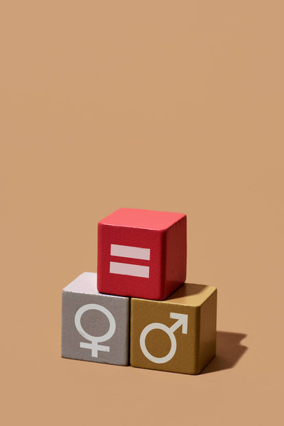 depiction of the gender equality made with some toy blocks: one with a female gender symbol, another one with an equals sign and another one with a male gender symbol, on a light brown background - Photo, Image