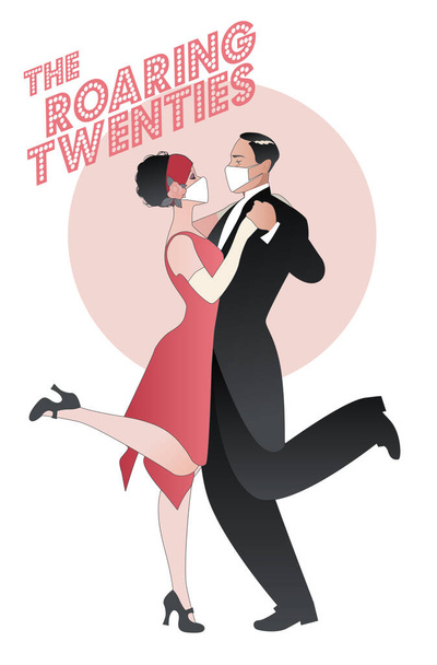 Roaring Twenties. Couple dancing charleston wearing retro clothes and face mask - Vector, Image