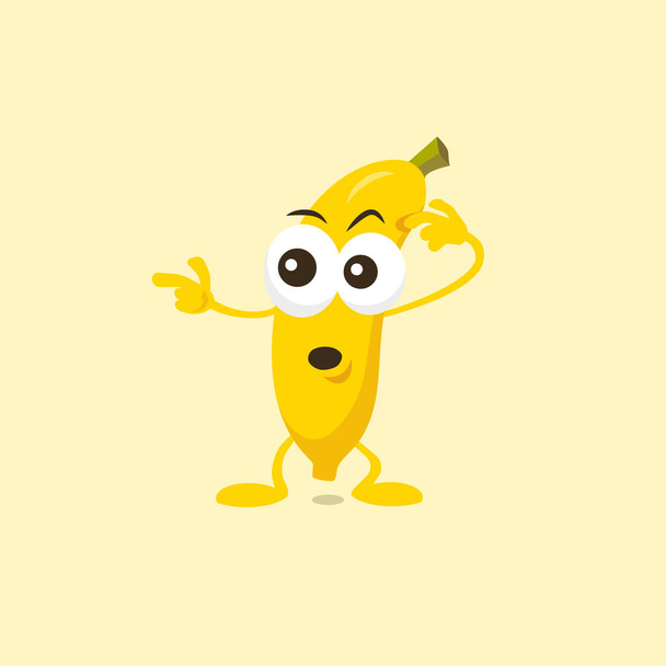 Ilustrace roztomilého překvapeného banánového maskota ukazujícího se nalevo. Styl plochého designu pro vaše maskota. - Vektor, obrázek