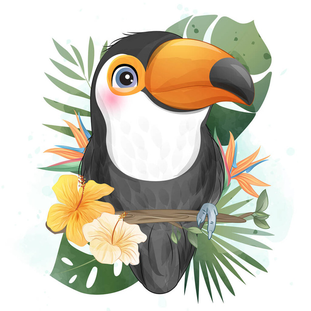 Cute little toucan with watercolor illustration - Vector, Image
