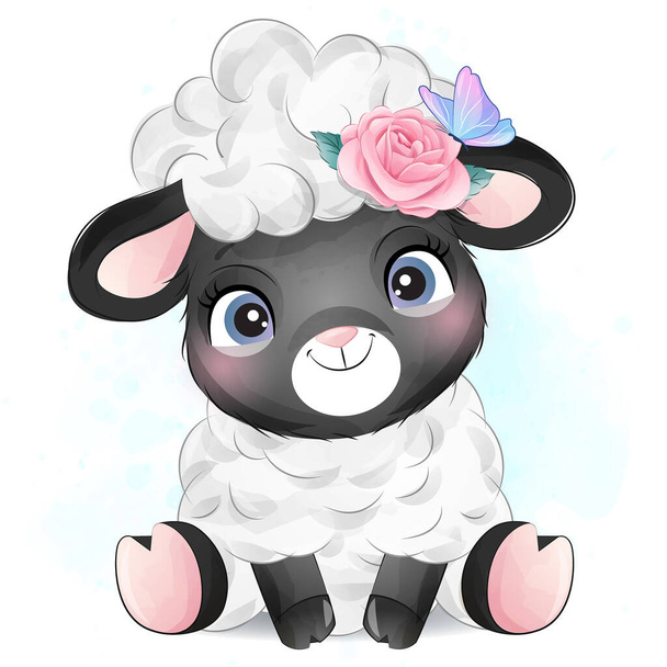 Cute little sheep with watercolor illustration - Vector, Imagen
