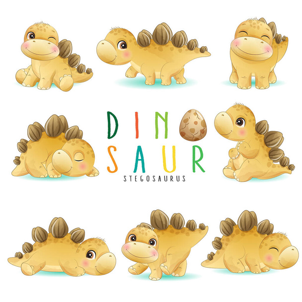 Carino piccolo dinosauro posa con illustrazione acquerello - Vettoriali, immagini
