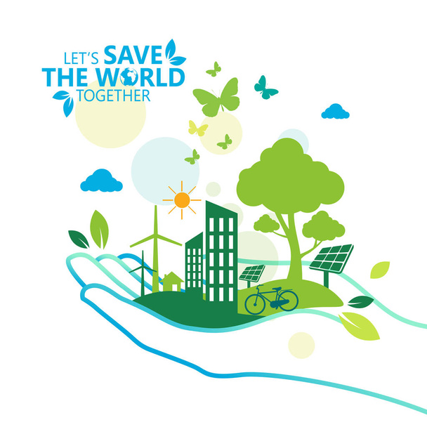 Ecología.Las ciudades verdes ayudan al mundo con el concepto ecológico ideas.vector ilustración - Vector, imagen