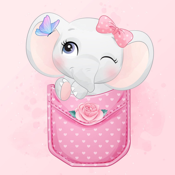 Lindo elefante pequeño sentado dentro de bolsillo ilustración - Vector, Imagen