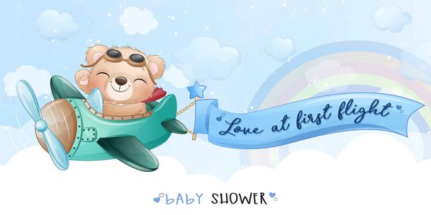 Cute little bear flying with airplane illustration - Wektor, obraz