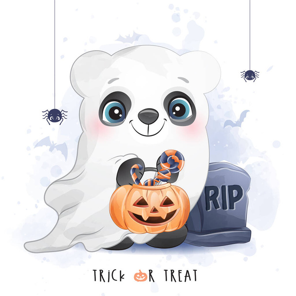 Leuke kleine panda voor Halloween dag met aquarel illustratie - Vector, afbeelding