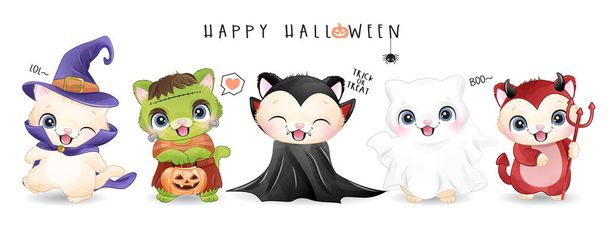 Gattino carino per il giorno di Halloween con illustrazione ad acquerello - Vettoriali, immagini