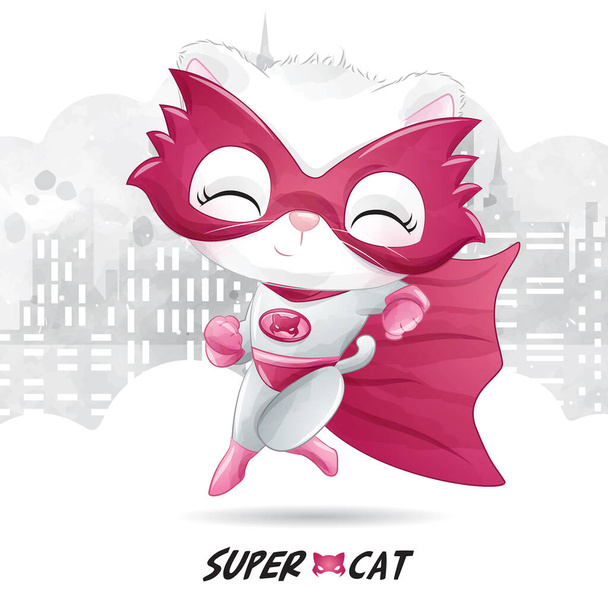 Super chat mignon avec illustration aquarelle - Vecteur, image