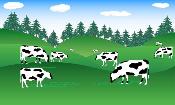 mucca da latte bovina in fattoria nella natura selvaggia con paesaggio montano vista vettoriale illustrazione - Vettoriali, immagini