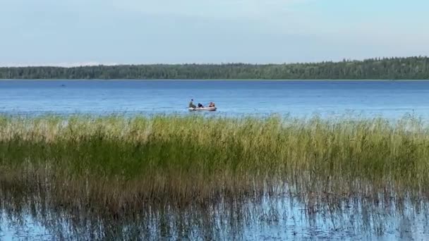 Persone in barca sul fiume nel pomeriggio, canne da pesca, paesaggio estivo - Filmati, video