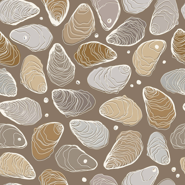 Hand Drawn Seamless Oysters and Pearls Line Pattern on Sand Color Background - ベクター画像