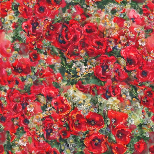 watercolor seamless pattern with poppies and daisies - Photo, Image