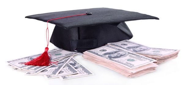 Graduation hat and money isolated on white - Φωτογραφία, εικόνα