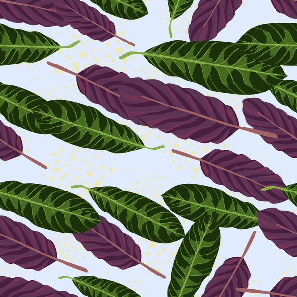 Zufällige Blätter formen nahtlose Muster. Lila und grüne botanische Ornamente auf hellem Pastellgrund. Ideal für Tapeten, Textilien, Packpapier, Stoffdruck. Vektorillustration. - Vektor, Bild