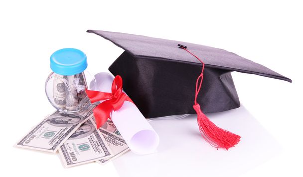Graduation hat, money and scroll, isolated on white - Foto, afbeelding