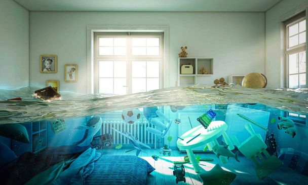 abstract image 3d render of a flooded bedroom full of toys floating in the water. - Photo, Image