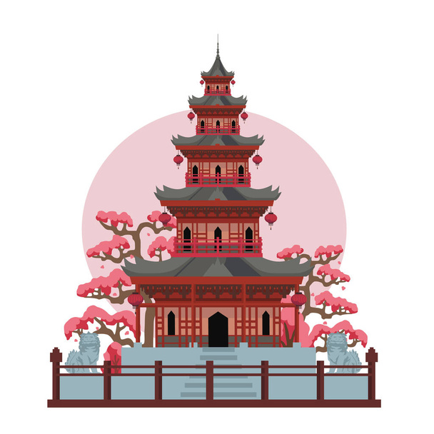 Asian pagoda temple in Japan. Color vector flat cartoon illustration isolated on sun and white - Vector, Image