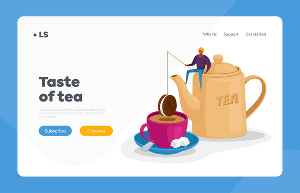 Чай, що п'є Landing Page Template. Tiny Character sit on Huge Teapot Поставте шоколадне печиво на Rod на Huge Cup with Tea - Вектор, зображення