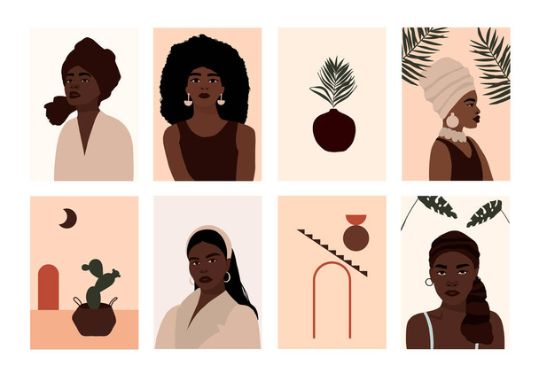 Soubor abstraktní moderní africké Američanky čelí portrétům umělecké trendy pozadí plakátové karty. Módní umění tmavá kůže žena minimální plakát nástěnný tisk. Vektorová ilustrace v plochém stylu - Vektor, obrázek