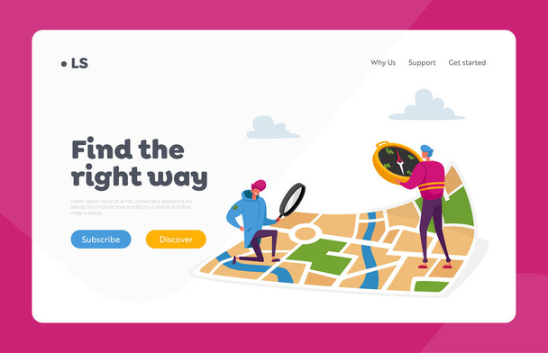 Tiny Characters Orienteering at Huge Map Landing Page Template (en inglés). Hombres con lupa y brújula Buscando Camino en la ciudad - Vector, imagen