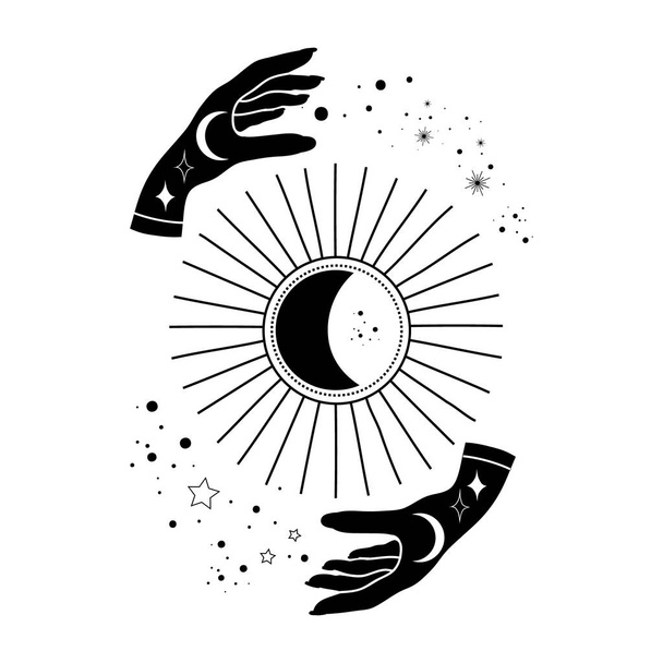 Alquimia esotérica mística magia talismã celestial com mãos sol, lua, estrelas geometria sagrada isolado. Objeto de ocultismo espiritual. Ilustrações vetoriais em estilo de contorno preto - Vetor, Imagem