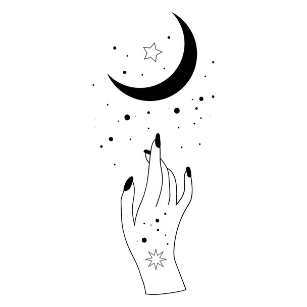 Alquimia esotérica mística magia talismã celestial com mão mulher, lua, estrelas geometria sagrada isolado. Objeto de ocultismo espiritual. Ilustrações vetoriais em estilo de contorno preto - Vetor, Imagem
