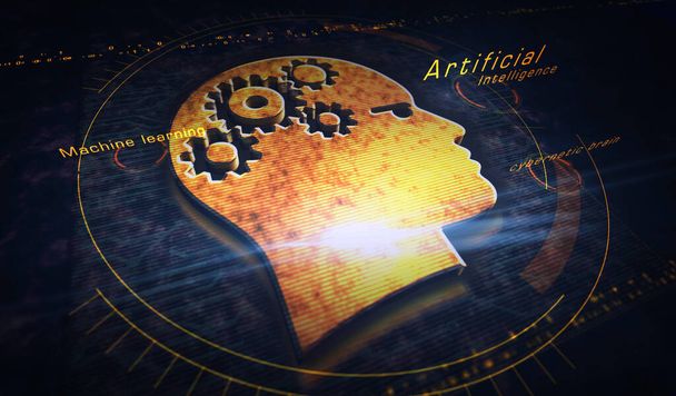 Inteligencia artificial, aprendizaje automático, cerebro cibernético, tecnología digital con símbolos de metal en la cabeza. Concepto abstracto 3d representación ilustración. - Foto, Imagen