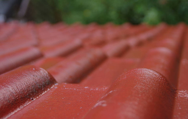 Волога плитка на даху. Червоний покриває будинок під час дощу
. - Фото, зображення