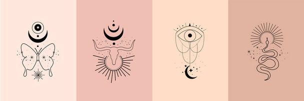 Set of alchemy esoteric mystical magic celestial talisman with skull of bull, snake, butterfly, sun, moon, stars sacred geometry. Spiritual occultism object. Vector illustration in black outline style - Vector, Image