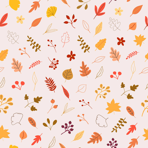 Humor de outono sem costura padrão com amarelo, folhas de laranja, bagas. Bem-vindo a temporada de outono fundo de ação de graças. Natureza minimalista para tecido têxtil, embalagem. Ilustração vetorial estilo cartoon plana - Vetor, Imagem