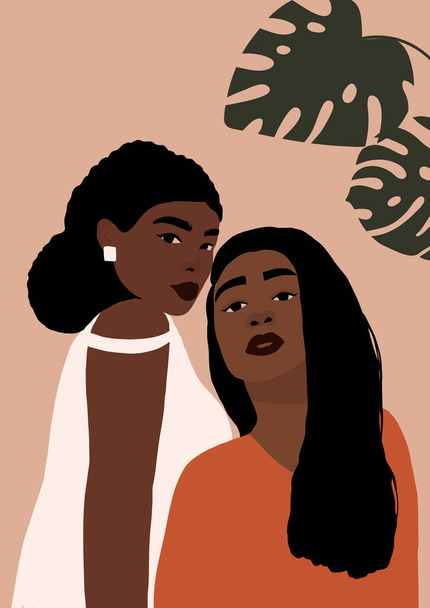 Portrait moderne de jeunes femmes noires afro-américaines. Mode minimes visages féminins branchés à la peau foncée. Affiche minimaliste à la mode. Illustration vectorielle dessinée main - Vecteur, image