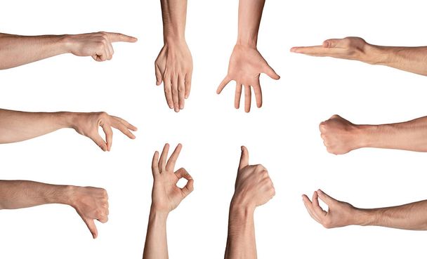 Collage met onherkenbare man toont verschillende gebaren geïsoleerd op wit - Foto, afbeelding