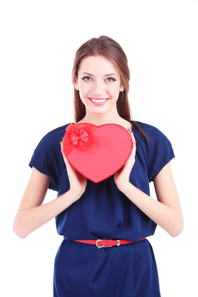Attractive woman with box in form of heart, isolated on white - Φωτογραφία, εικόνα