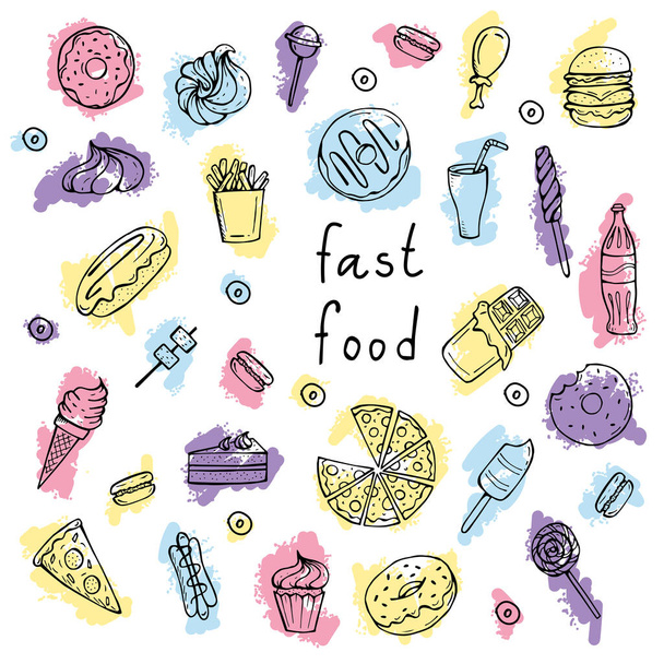 Set of vector fast food and sweets drawn by hand in colored doodle style - Vektor, kép