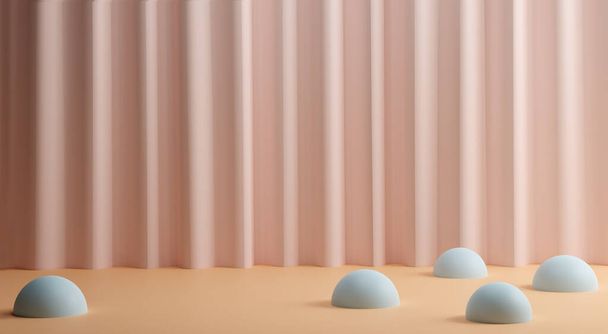 Absztrakt jelenet függönnyel és kék gömbökkel homokos háttérrel. 3D-s renderelés. Modern sablon promóció, bemutató pasztell színekben - Fotó, kép