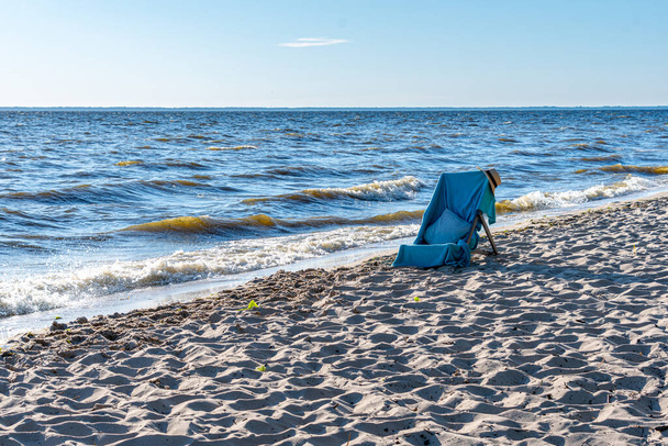 blue sun lounger on the azure beach - Photo, Image