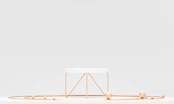 3D rendering white podium geometry with gold elements. Product presentation blank podium. Minimal scene round step floor abstract composition. Empty showcase, pedestal platform display. - Foto, immagini