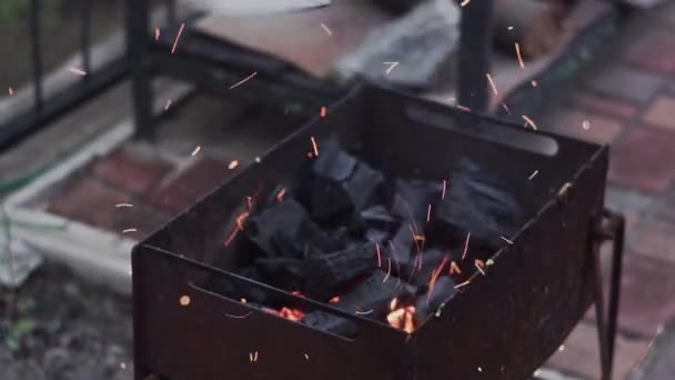 El aire sopla chispas de carbones en llamas en una barbacoa - Metraje, vídeo