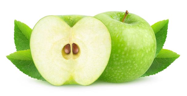 隔離されたリンゴだ。白い背景に1つの緑のリンゴと半分が隔離されています - 写真・画像