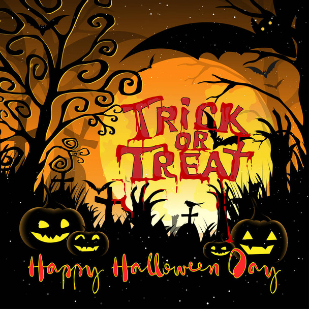 Halloween night Background with bat flying, zombie hand on graveyard in scary cemetery and Happy Halloween day with pumpkins face,Trick or Treat text on full moon,Spooky Vector Illustration  - Vector, Image