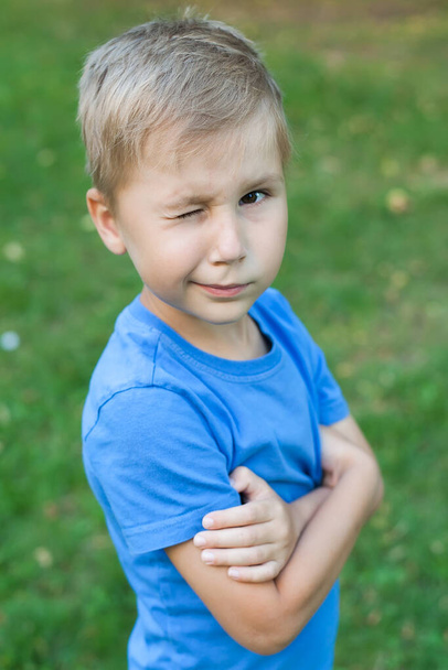 A little boy in the Park stands in a clearing and clasps his hands and winks. - Fotoğraf, Görsel