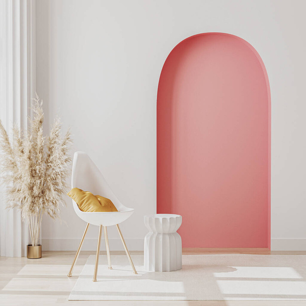 Modern room interior mockup with white chair, coffee table near window and decorative pink arch and column on the background, living room interior background, 3d render - Photo, Image