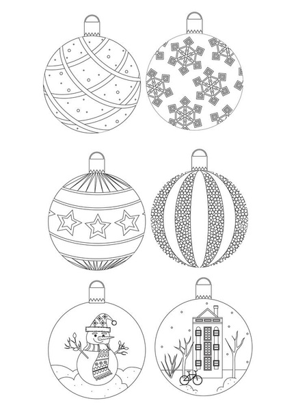 Kleurplaat met een set van kerstballen als decor concept, nieuwjaar, vakantie. Overzicht vector stock illustratie of grafisch met verzameling van ballen met ster, sneeuwpop, sneeuwvlokken in a4 formaat - Vector, afbeelding