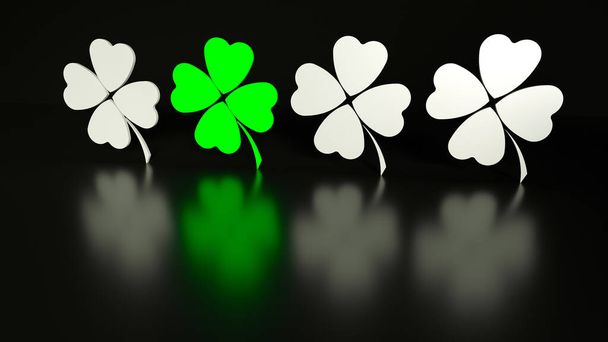 Négy hagyományos Patrick levél lóhere, fehér és zöld, fekete háttérrel, tükröződésekkel. 3d rendezés illusztráció. - Fotó, kép