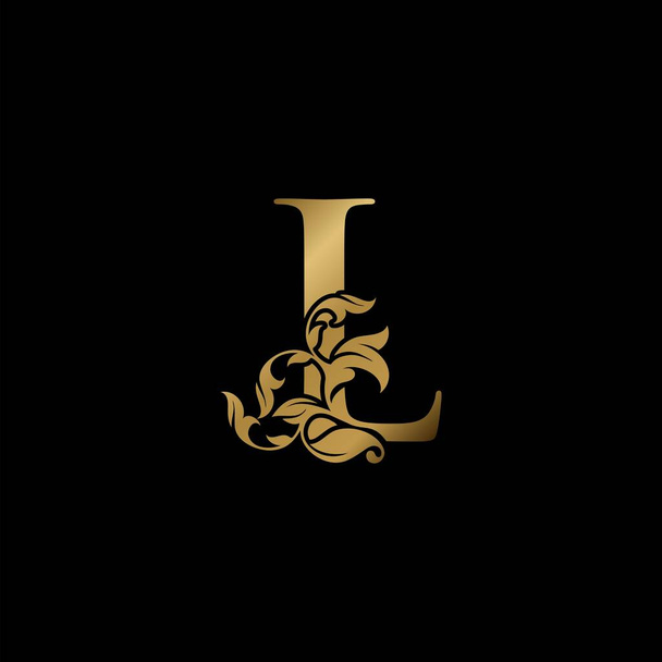 Golden Luxury L Letter Ícone Logotipo Inicial, Monograma Ornate Natureza Folha Floral Carta Logotipo Modelo Design. - Vetor, Imagem