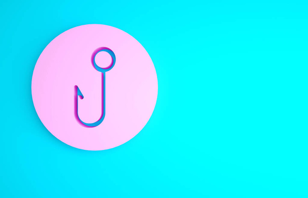 Pink Fishing hook icon isolated on blue background. Fishing tackle. Minimalism concept. 3d illustration 3D render. - Photo, Image