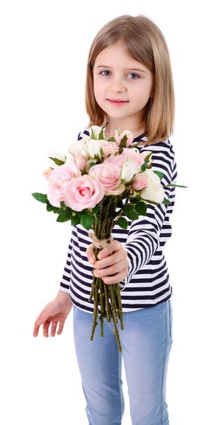 Beautiful little girl holding bouquet isolated on white - 写真・画像