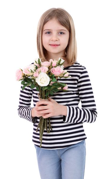 Beautiful little girl holding bouquet isolated on white - Фото, зображення