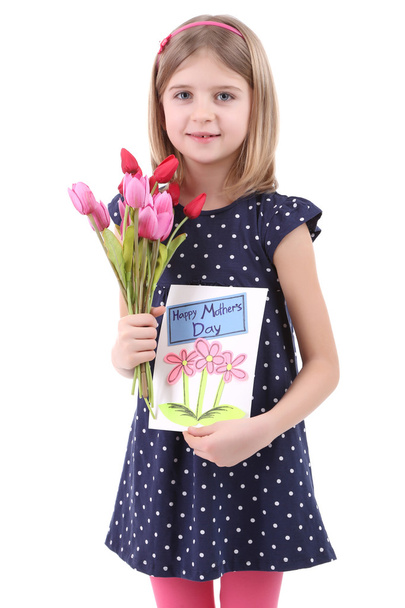 Beautiful little girl holding bouquet and card isolated on white - Photo, Image